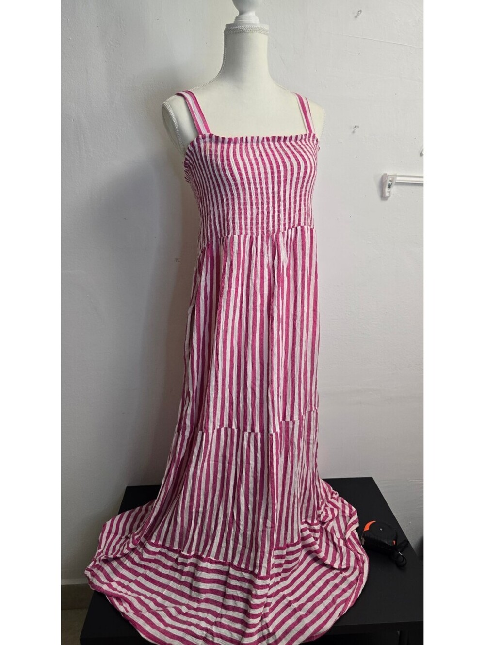 Raviya Pink White Striped Smocked Tiered Maxi Dress XL Sleeveless Pockets